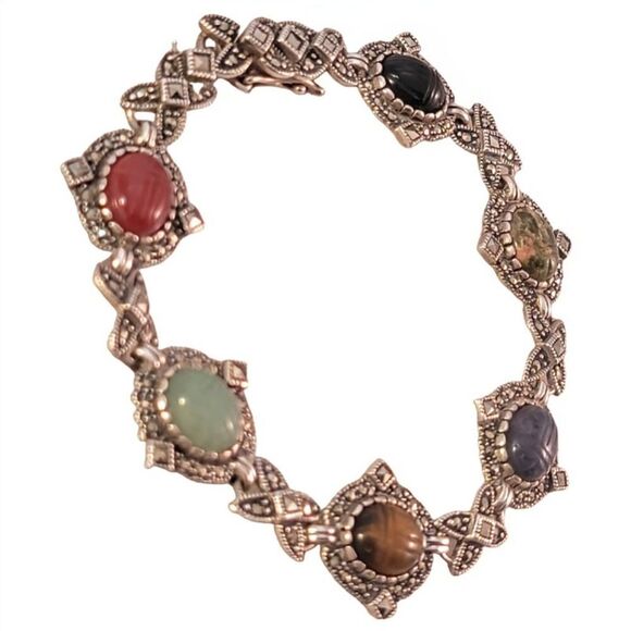 Sterling Multi Stone Cabochon Marcasite Link Bracelet - Picture 3 of 9